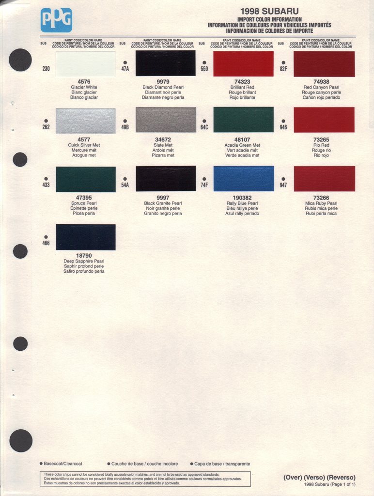 1998 Subaru Paint Charts PPG 1
